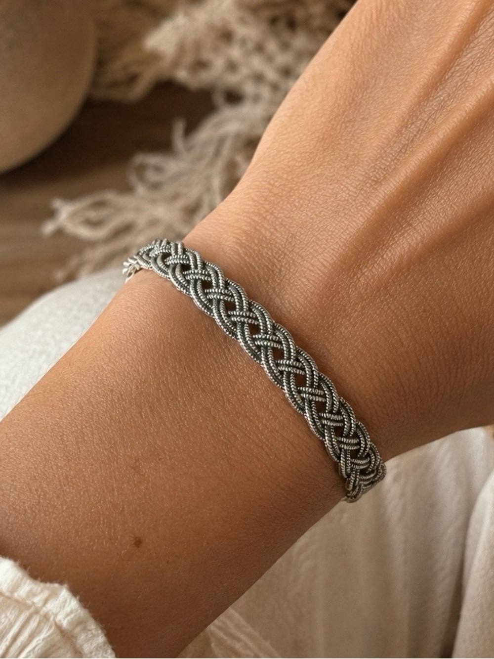 Sterling silver braided cuff open bangle bracelet